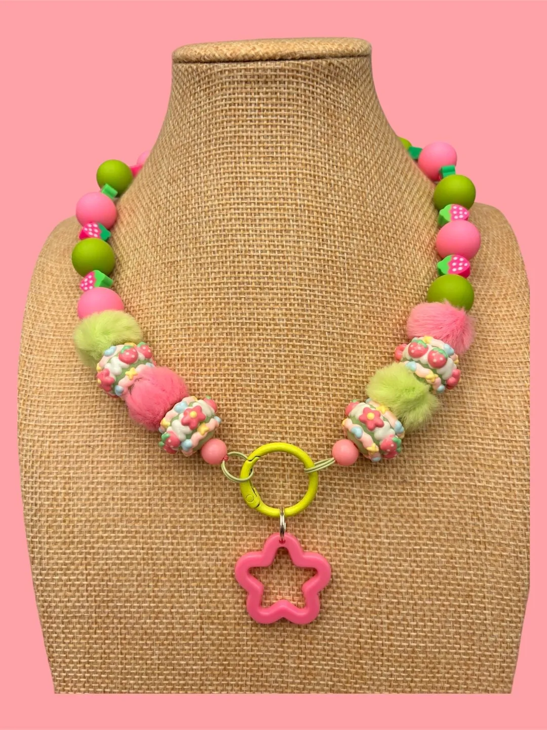 Kawaii strawberry themed beaded necklace in pink and green