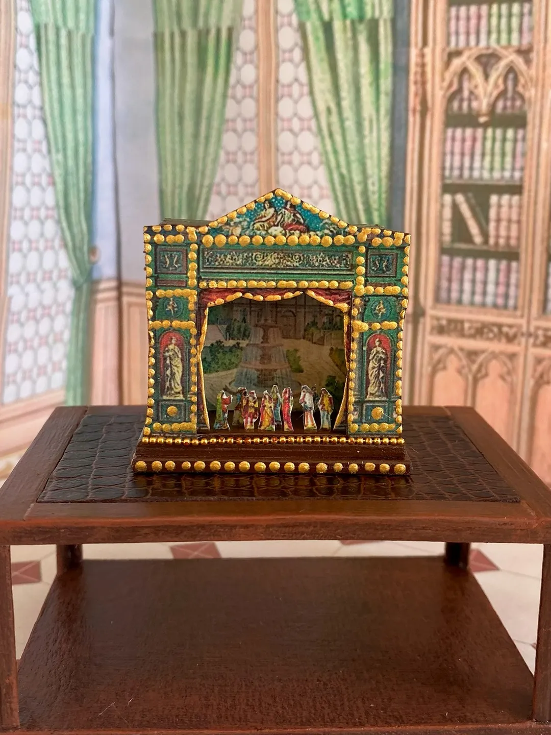 Miniature puppet theater with bears. 1:12. handmade.
