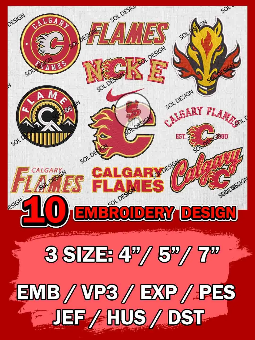 NHL Calgary Flames Bundle Embroidery Files, NHL Calgary Flames Team Bundle Embroidery Designs, NHL Teams, National Hockey League 3 sizes, NHL Flames Hockey Machine embroidery designs, Digital Download