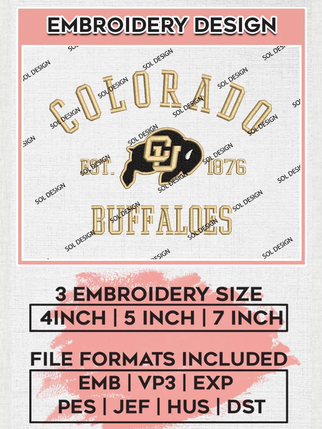 Colorado Buffaloes Est 1876 Logo Embroidery Designs, NCAA Colorado Buffaloes Team Embroidery, NCAA Team Logo, 3 sizes, Machine embroidery Files, Digital Download