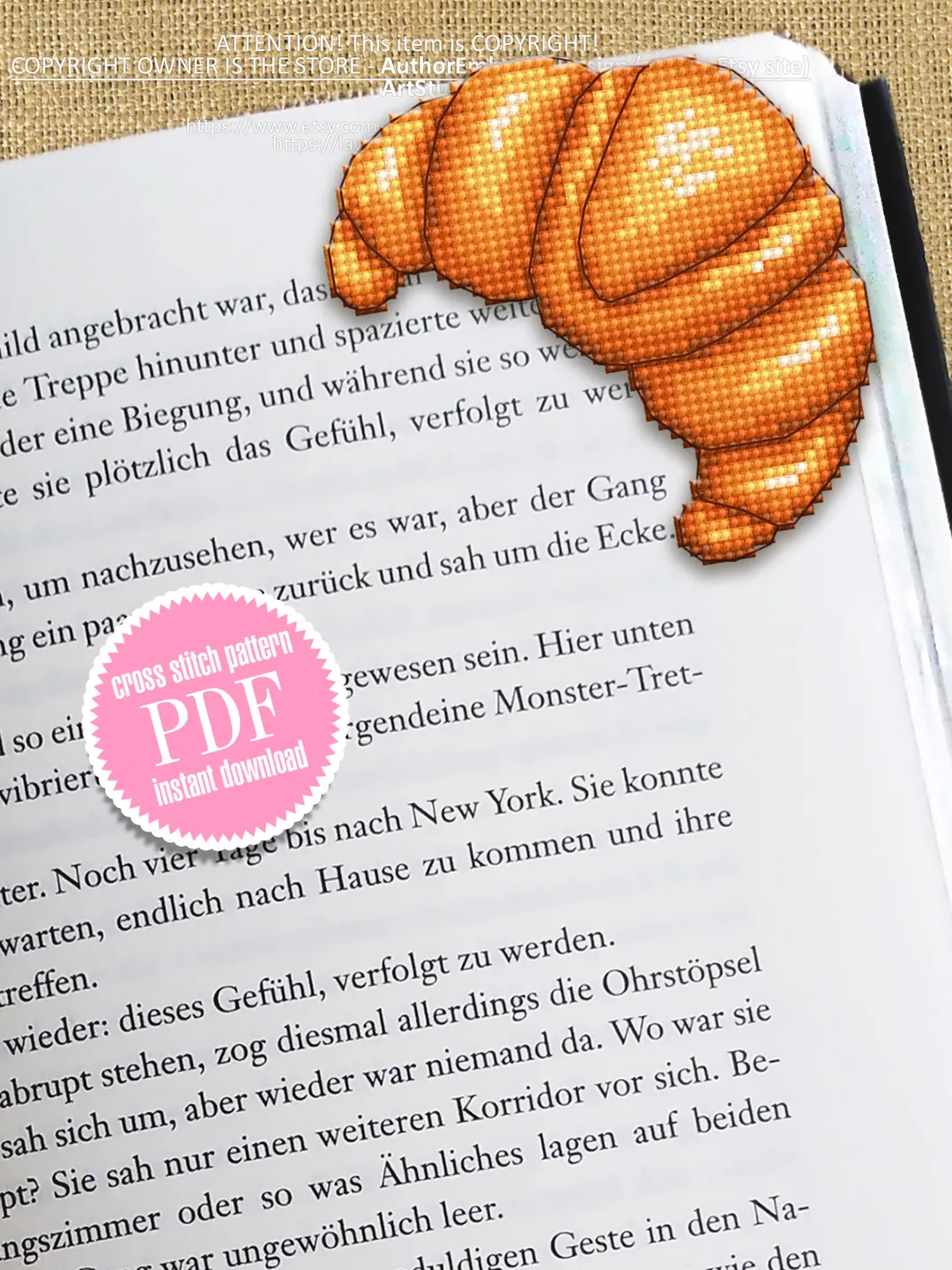 Corner bookmark cross stitch pattern PDF download Croissant cross stitch chart, Food bookmark digital PDF, Funny bookmark for beginner #B245