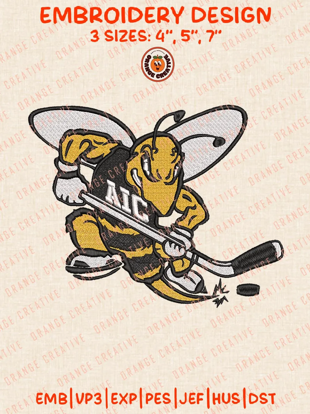 AIC Yellow Jackets Hockey Mascot Embroidery Design, NCAA Team Logo Embroidery Design, Machine Embroidery Design File, 4 Sizes, Custom Size, Digital Download