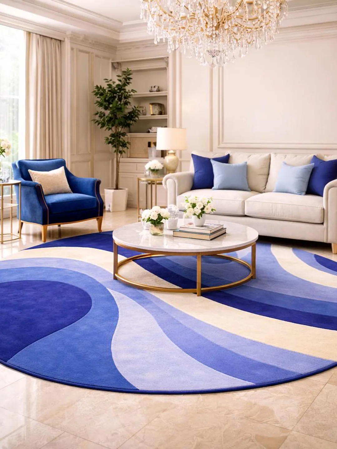 Round Abstract Blue Wave Rug, Modern Circular Carpet, Contemporary ...