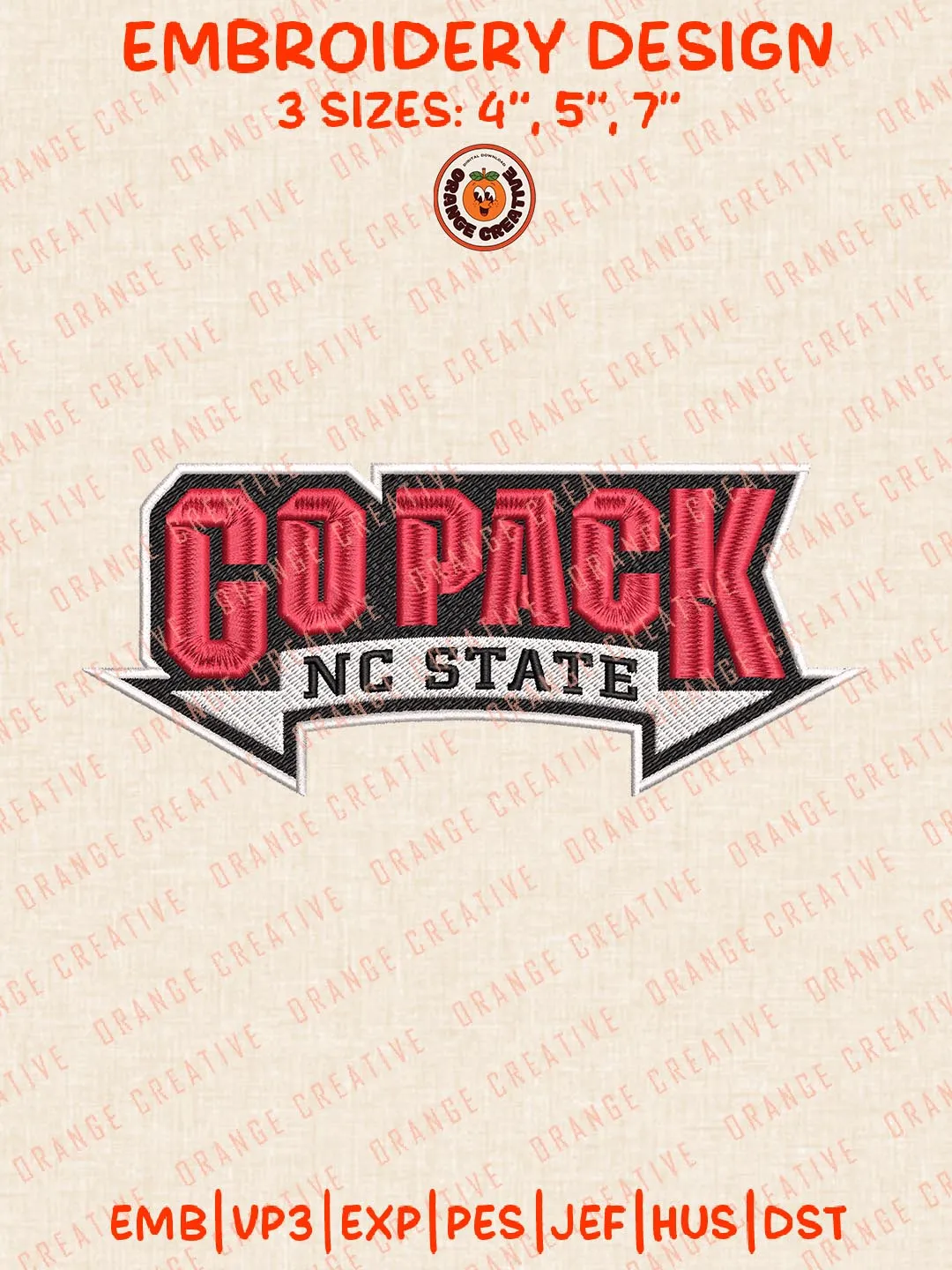 Go Pack NC State Embroidery Design, NCAA NC State Wolfpack Team Logo Embroidery Design, Machine Embroidery Design File, 4 Sizes, Custom Size, Digital Download