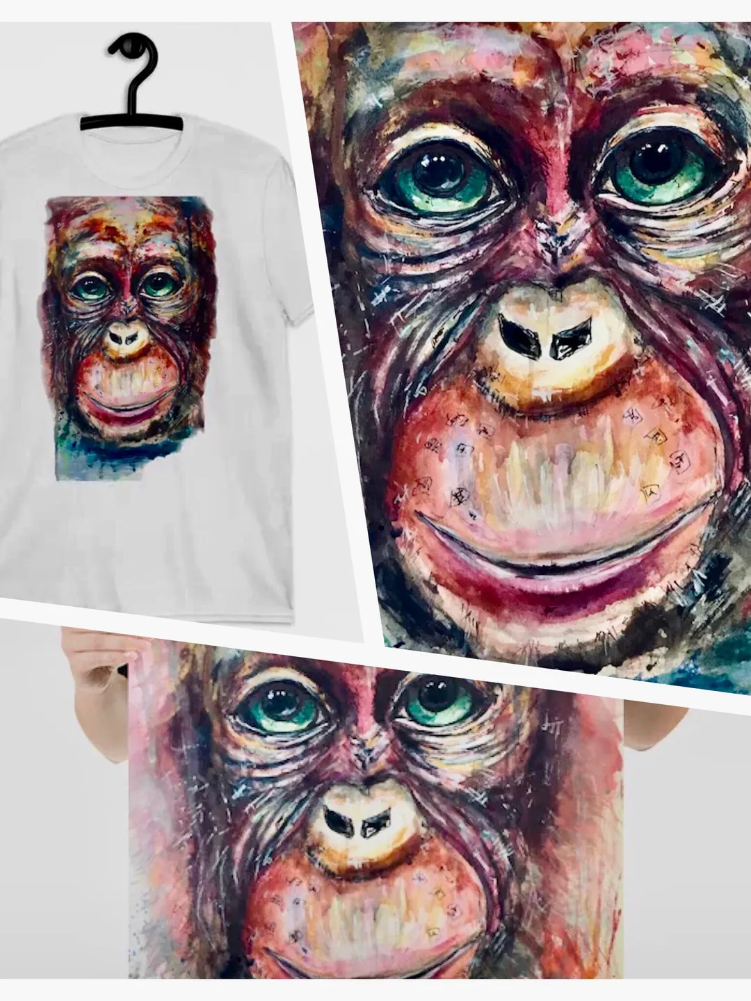 Monkey Short-Sleeve Unisex T-Shirt made with my original watercolour mix media painting,unique gift.