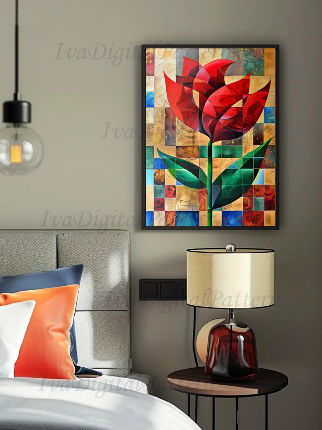 Red Flower Art Print Abstractionism Cubism Mid Century , Modern Wall ...