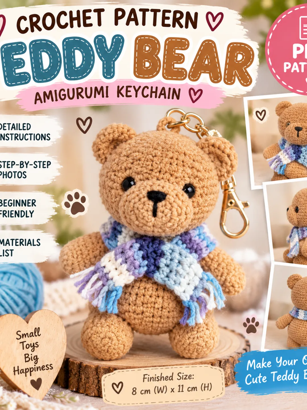 Teddy Bear Crochet Keychain Pattern PDF | Amigurumi Bear Crochet Pattern | DIY Cute Bear Keychain