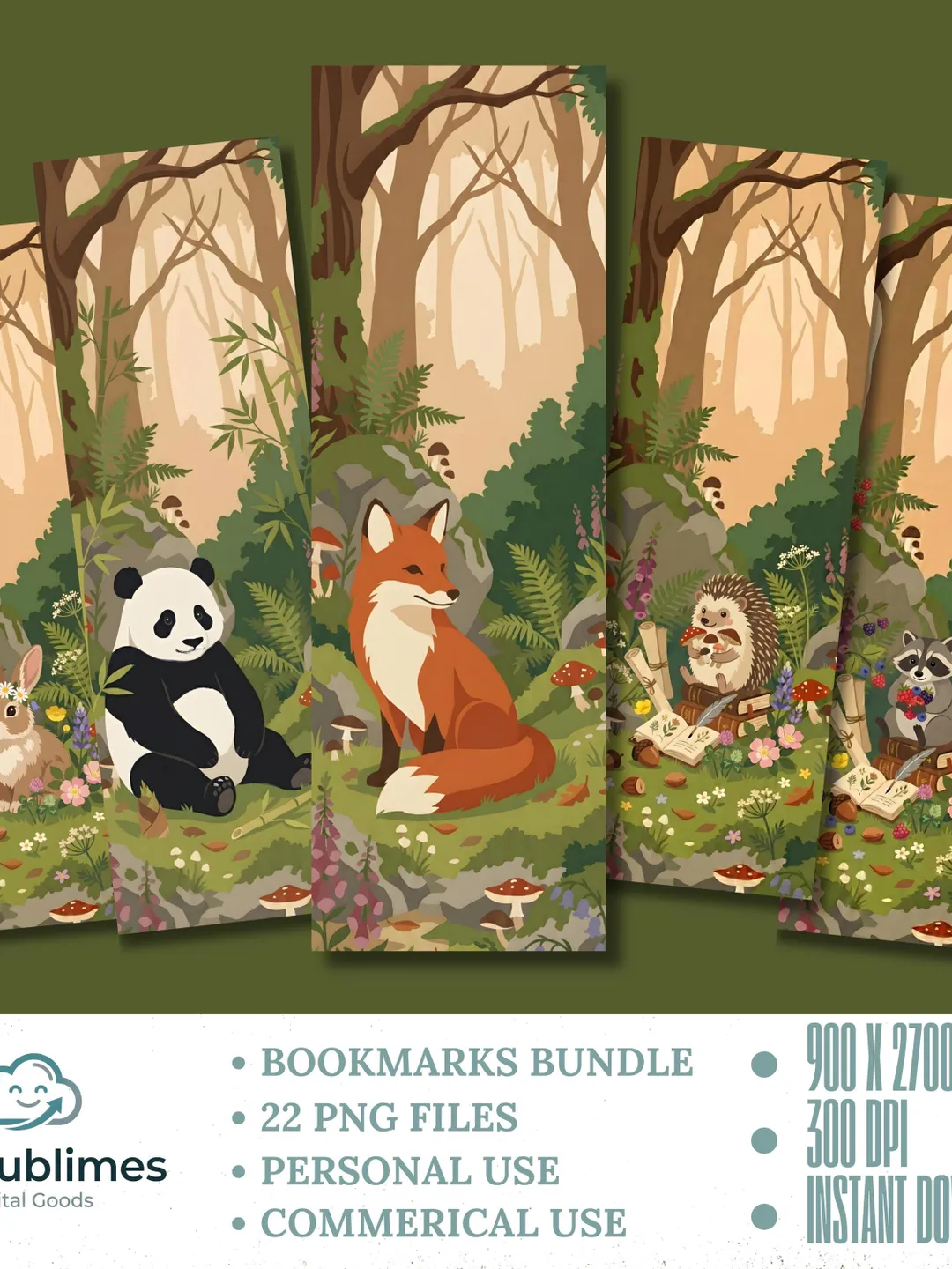 Woodland Animals Bookmark Bundle, Cute Forest Sublimation, Fox Panda ...
