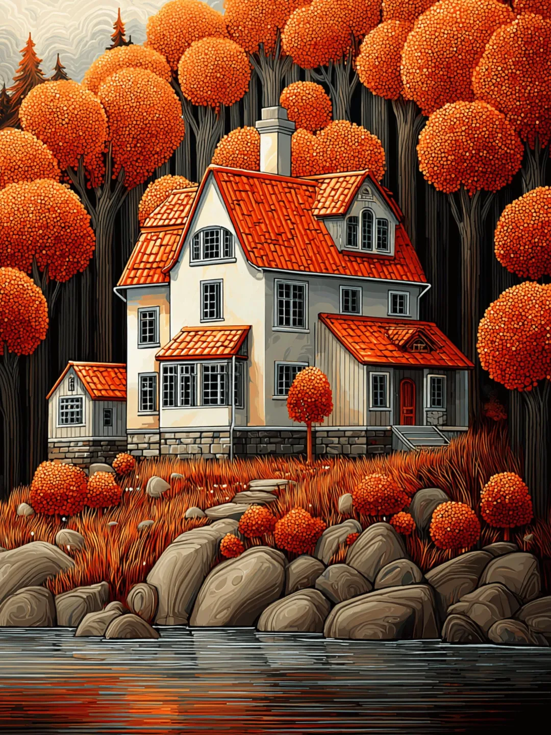 23 Scandinavian Folk Art Landscapes, Nordic Autumn Village Wall Art, Hygge Forest River Scene, Digital Download PNGs