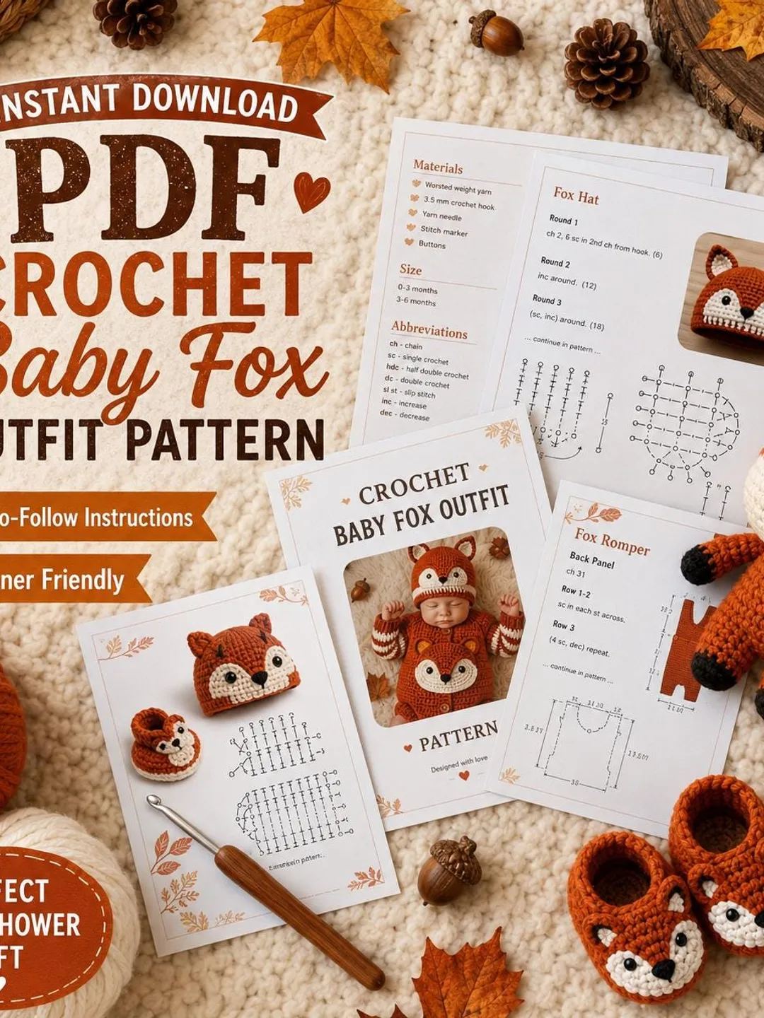 Crochet Baby Fox Outfit PDF Pattern | Fox Romper Hat Booties Set | Newborn Crochet Pattern | Instant Download