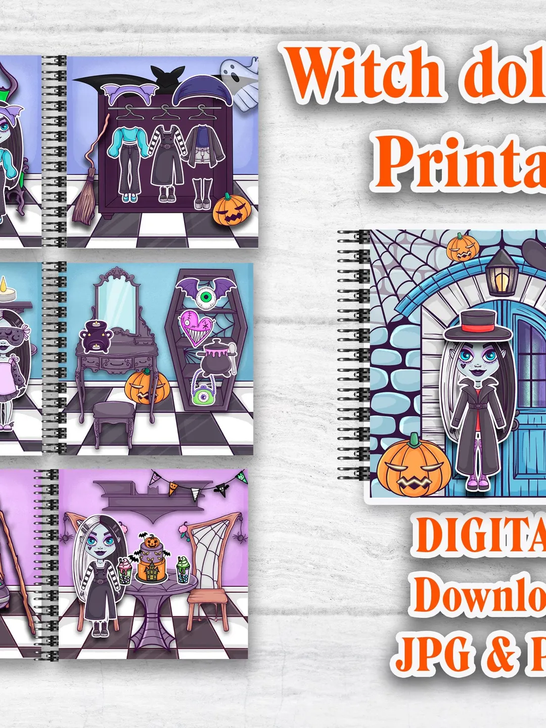 Printable Witch Paper doll house ,Halloween printable doll with a set clothes,  Blythe paper doll dress up, Busy book printable crafts kids