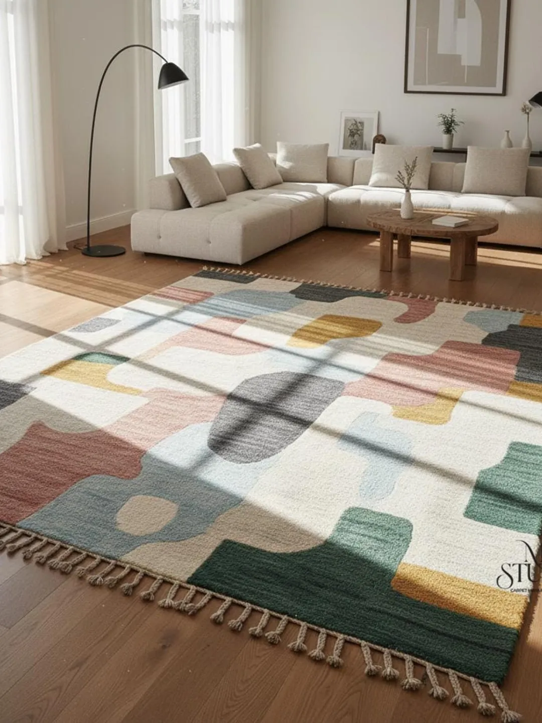 Hand-Knotted Modern Oushak Rug Abstract Geometric Area Rug (8x10, 9x12 ...