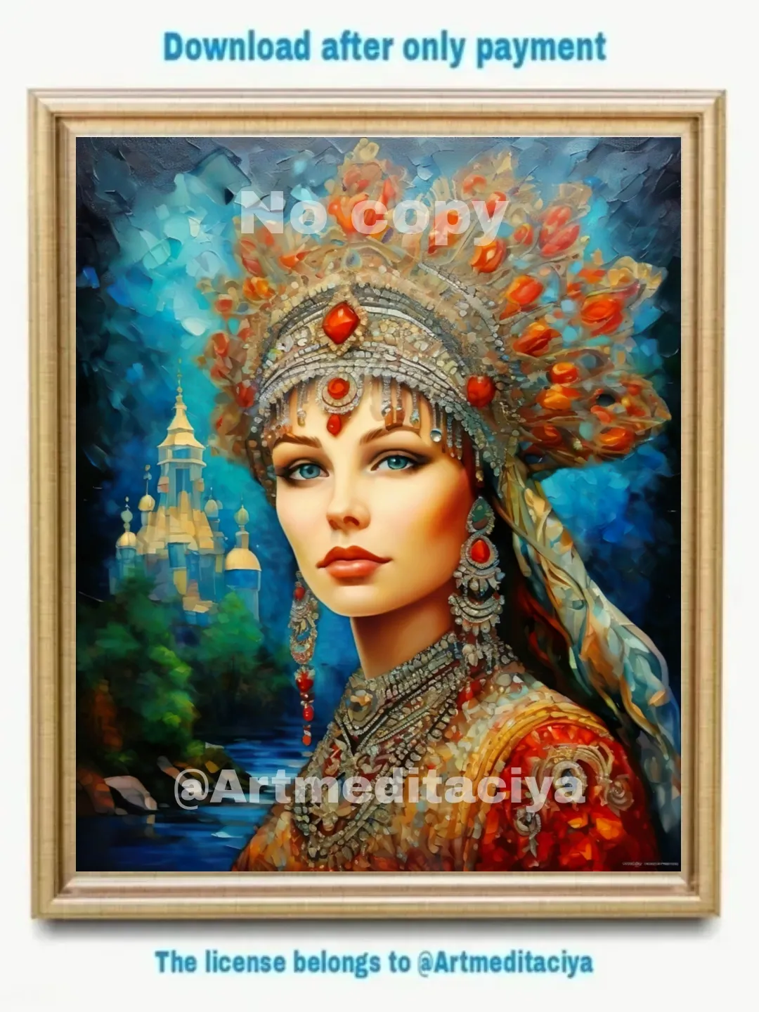 Digital abstract texture painting "Mysterious Russian Beauty" with blue eyes in a luxurious red-gray kokoshnik crown, red dress against the background of an abstract urban landscape in blue tones, made in the style of painting with a palette knife, oil