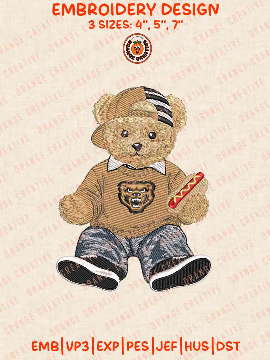 Oakland Golden Grizzlie Bear Hot Dog Embroidery Design Files, Football Embroidery Designs, Sport Machine Embroidery Files, 3 Sizes, Custom Sizes, Instant Download
