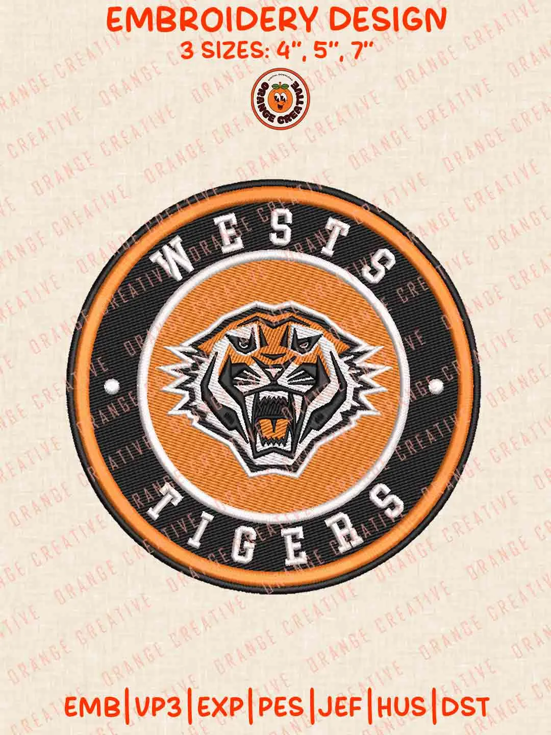Wests Tigers Rugby Logos Embroidery Design, NRL Team Machine Embroidery Digitized Pes File, 4 Sizes, Custom Size, Instant Download