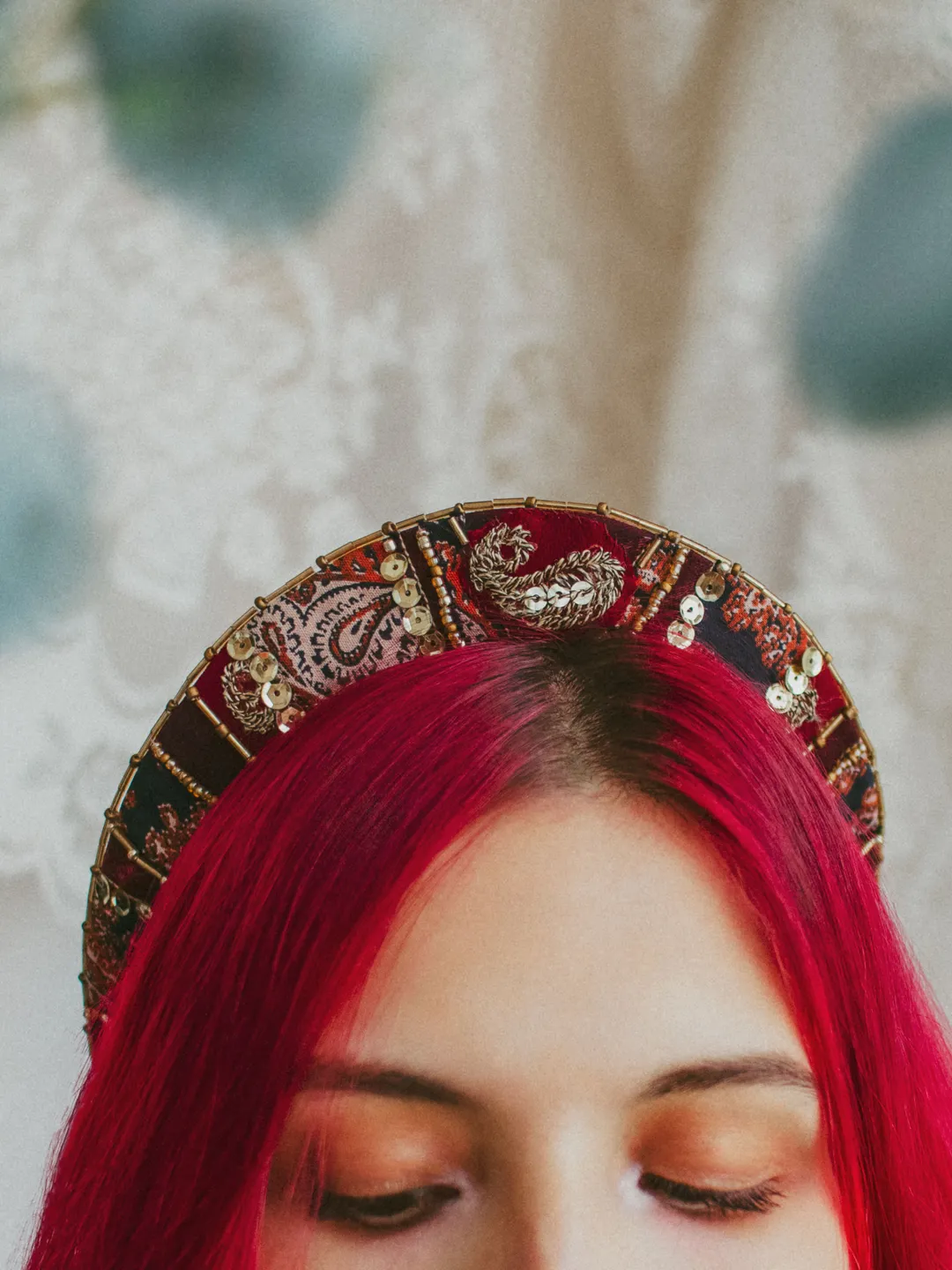Tiara "Crimson Rhapsody" (round version). Bohemian patchwork crown for festivals, weddings, proms. Hippie hair accessory made with upcycled vintage fabrics and embellishments.