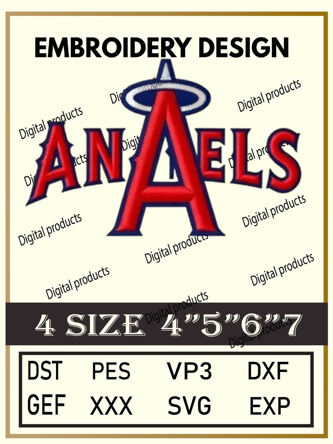 Los Angeles Angels Embroidery Design Digital Logo Pattern with Stylized A and Halo for Machine Embroidery Projects in Four Sizes with Multiple Compatible Formats Including DST, PES, VP3, DXF, GEF, XXX, SVG, EXP