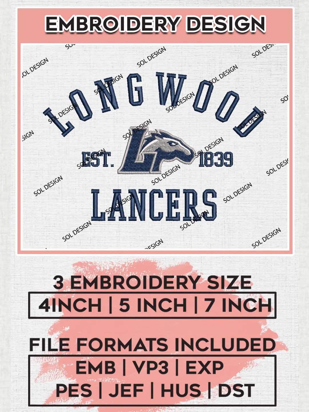 Longwood Lancers Est 1839 Embroidery Designs, NCAA Longwood Lancers Team Embroidery, NCAA Team Logo, 3 sizes, Machine embroidery Files, Digital Download