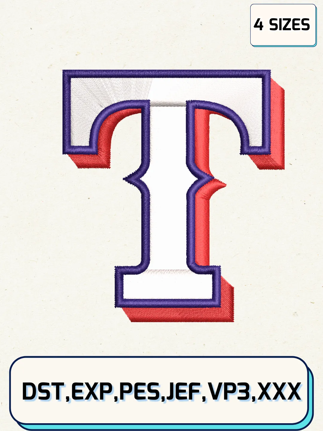 Texas Rangers Alternate Logos Embroidery Design Files, MLB Logos Embroidery Designs, Machine Embroidery Files, 4 Sizes