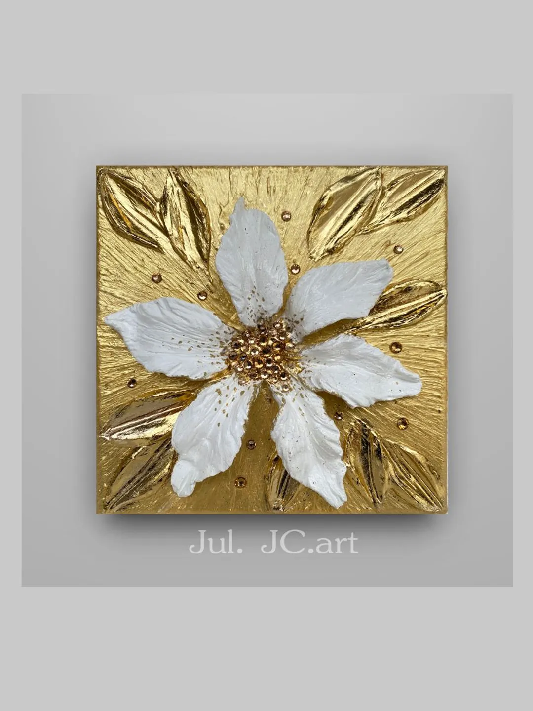White and Gold Flower art Lily Textured artwork Floral painting by Juliya JC