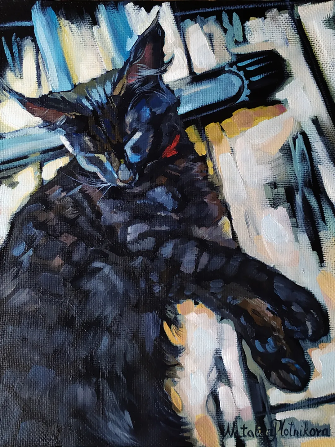 Cat painting on canvas Animal Original Art 12 by 9 inches Black Cat Artwork fine art oil painting by Natalia Plotnikova
