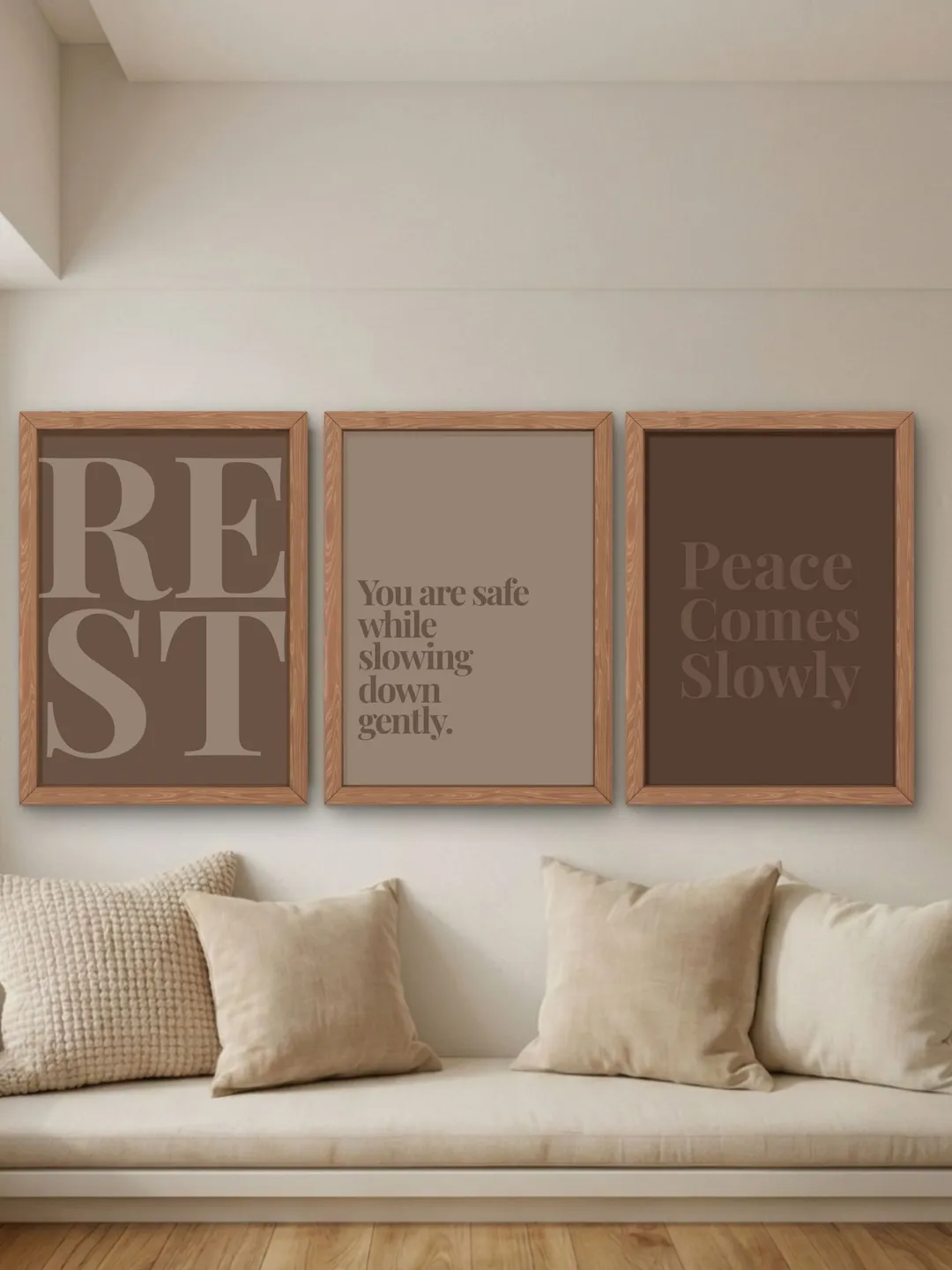 REST Wall Art Set of 3, Minimalist Typography Prints, Warm Brown Bedroom Decor, Anxiety Relief Printable Wall Art