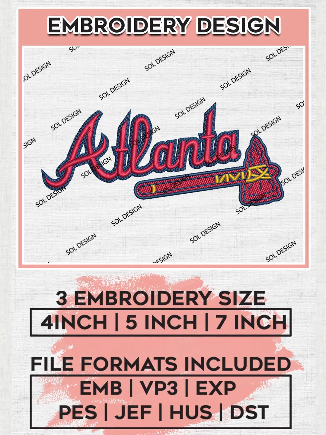 MLB Atlanta Axe Logo Embroidery Files, MLB Atlanta Braves Team Embroidery, MLB Teams, 3 sizes, MLB Machine embroidery designs, Digital Download
