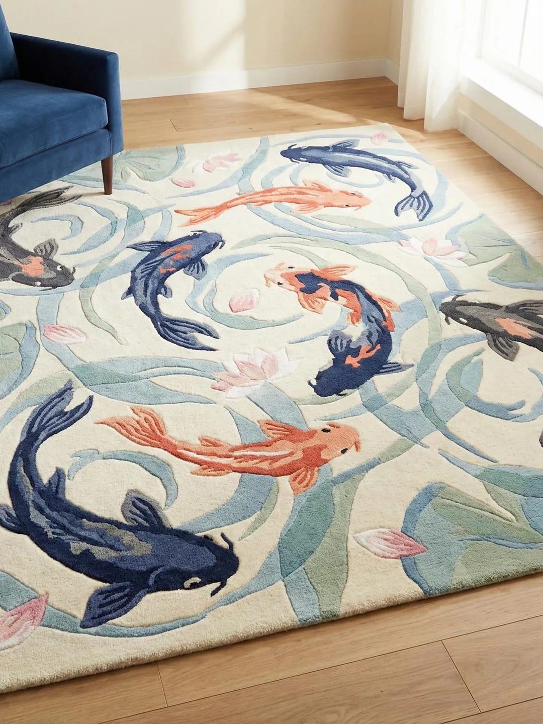 Hand Tufted Koi Fish Wool Rug, Modern Ivory Living Room Area Carpet