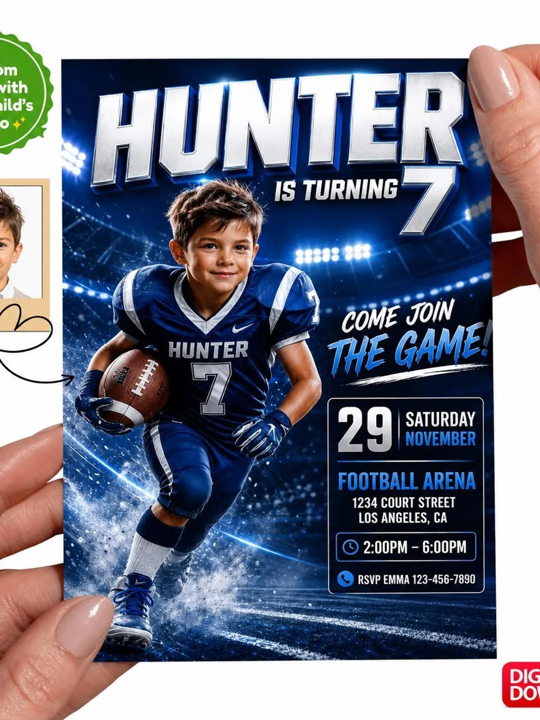 Custom Photo Football Invitation, Sports Birthday Party (Digital Download)