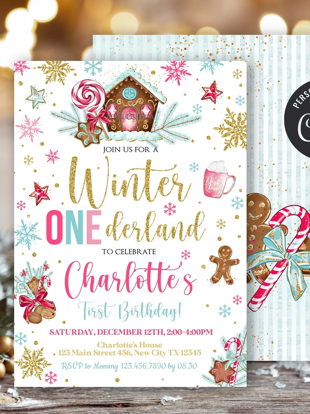 Winter Onederland Invitation Girl 1st Birthday Invitation, Gingerbread Birthday Winter Wonderland Birthday Invitation,  Editable Template