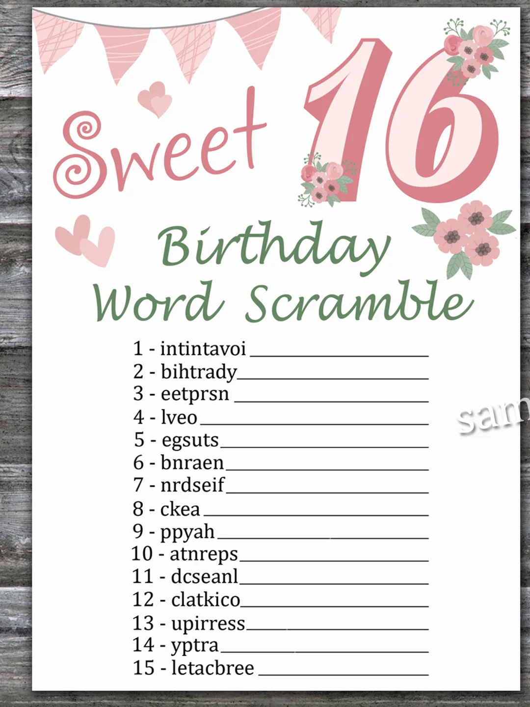 Sweet 16th Birthday Word Scramble Game,Adult Birthday party game printable-fun games for her-Instant download