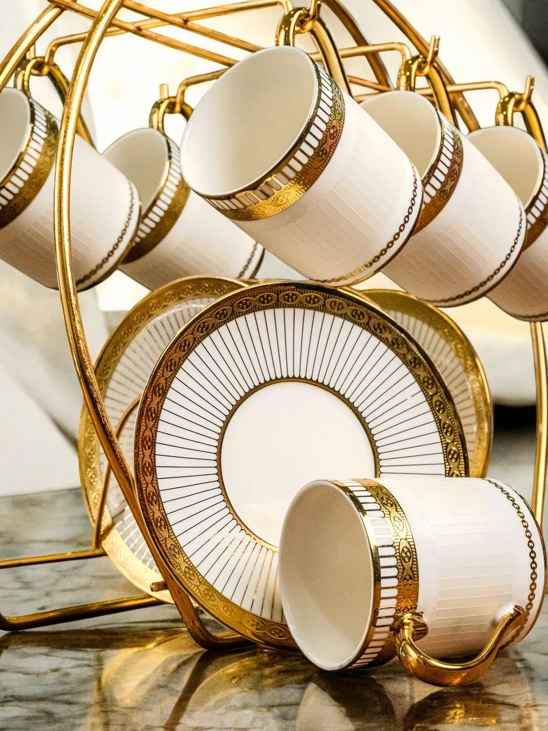 14K Genuine Gold Powder Porcelain Tea Cups And Saucers | Tea Cups Saucers Set | Gold Porcelain Set | Elegant Teaware | Gift For Tea Lovers