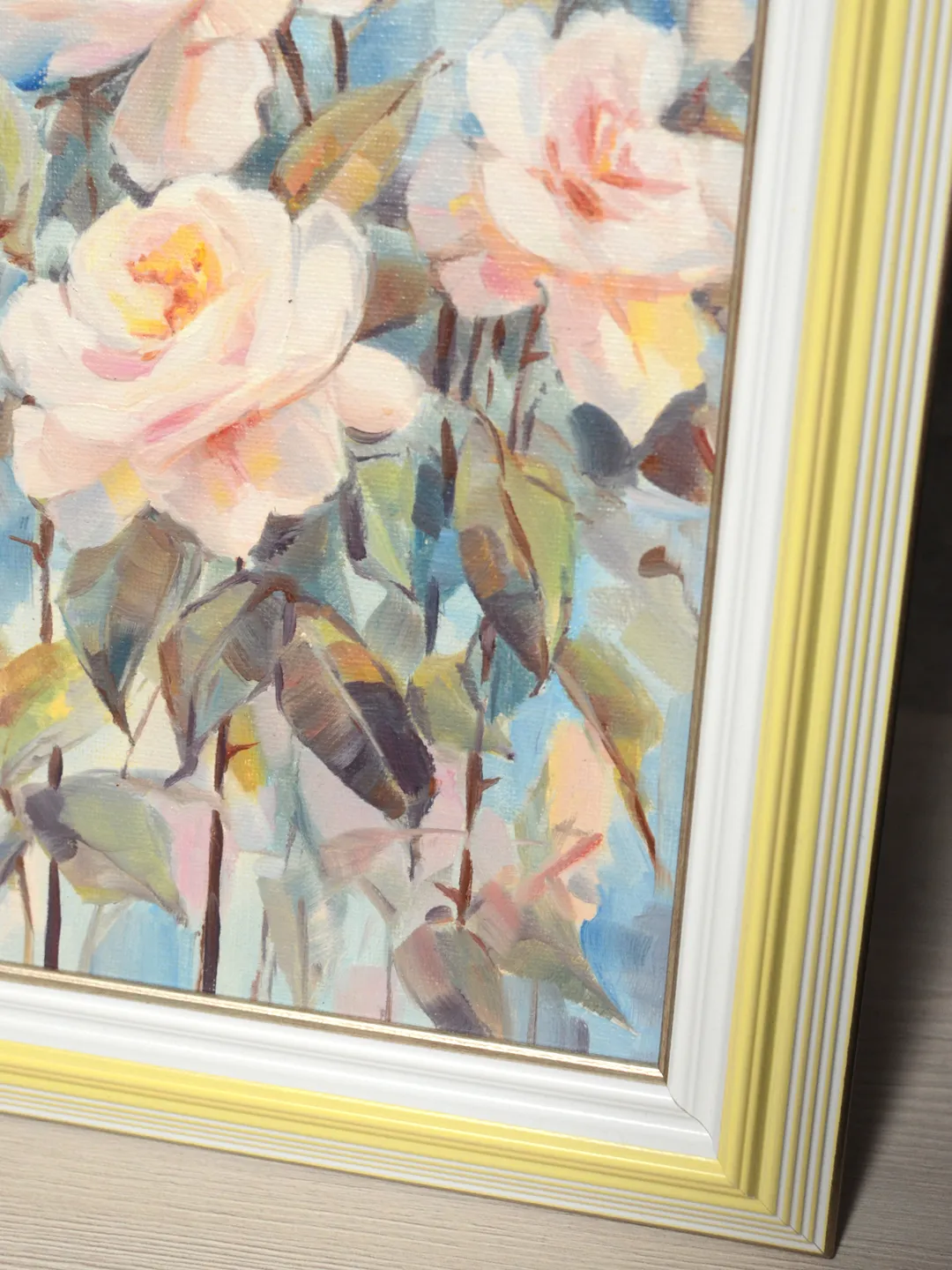 Roses oil painting / Pink flowers on blue art