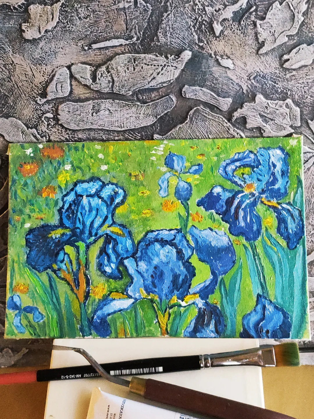 Irises in the garden flowers miniature oil painting