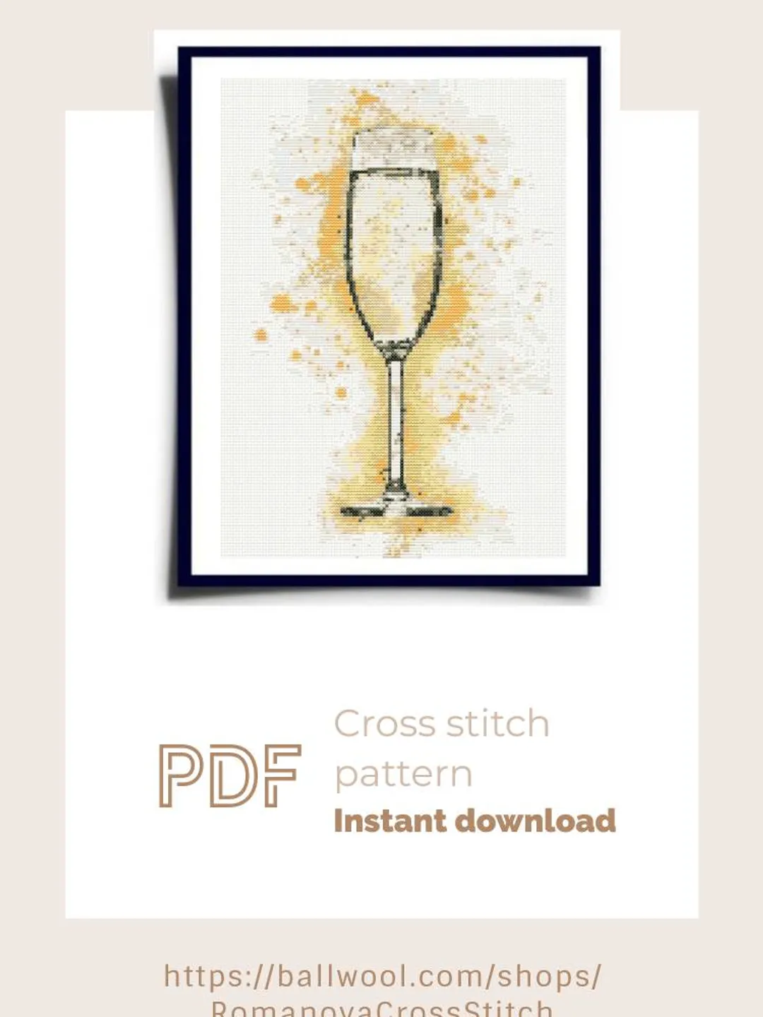 A glass of champagne cross stitch PDF pattern, Watercolor embroidery design, Instant download