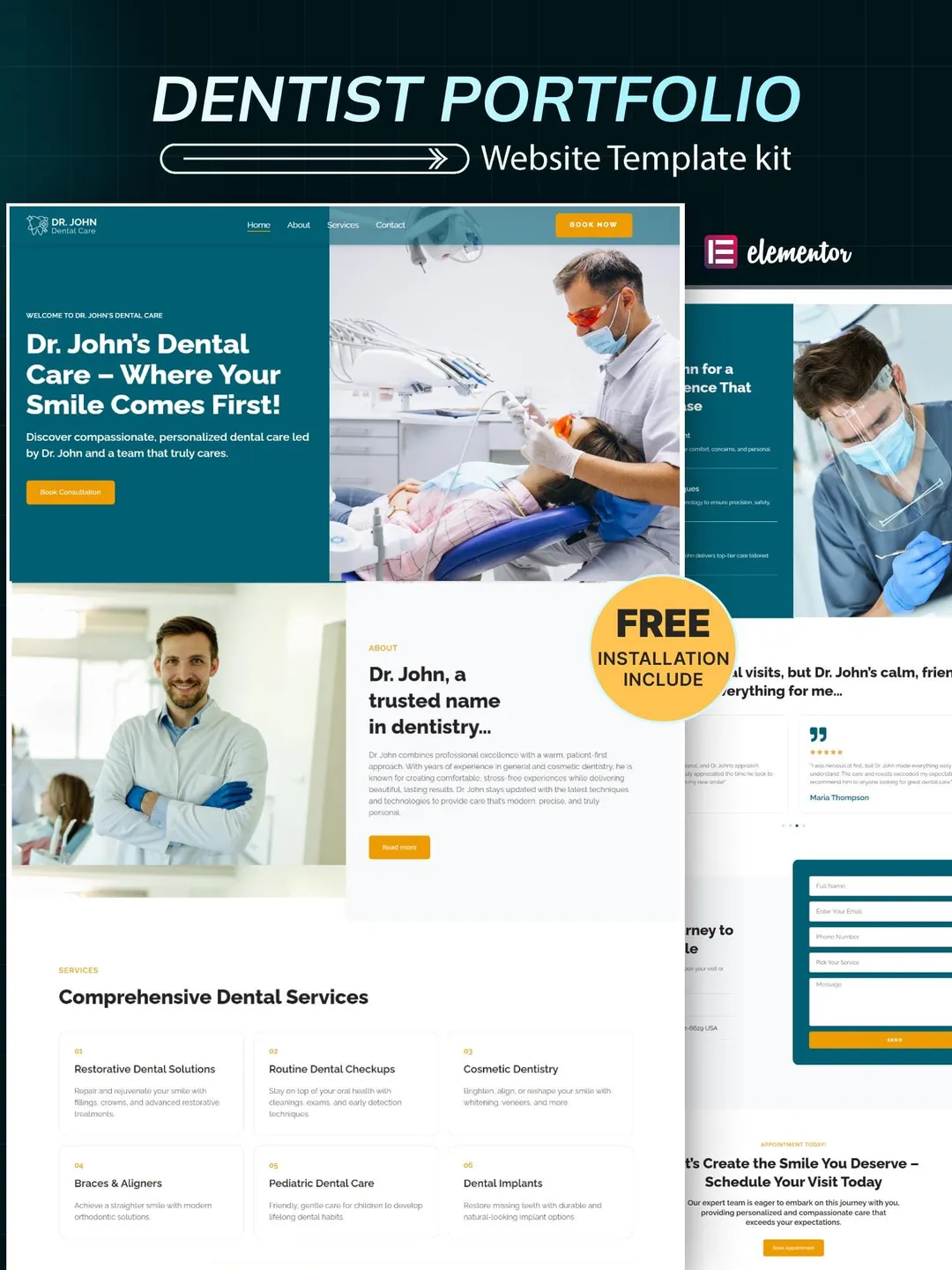 Dentist Portfolio WordPress Elementor Template Kit | Dental Clinic & Medical Website Template