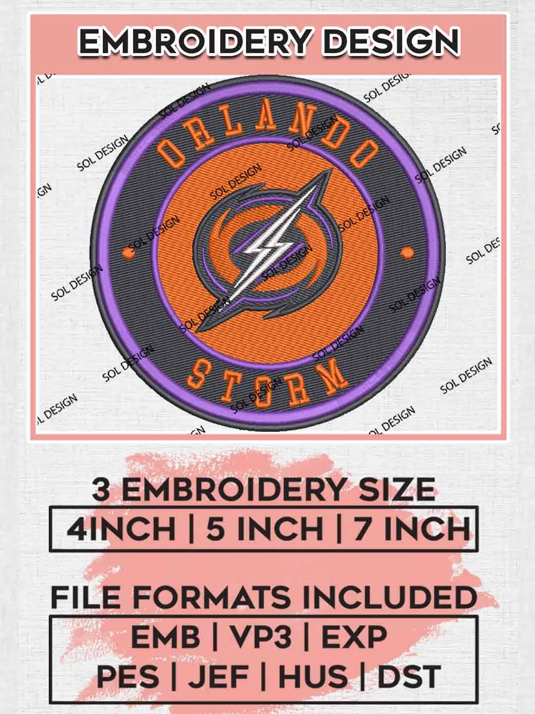 Orlando Storm Round Embroidery Design, UFL Football League Embroidery files, Sport Machine embroidery designs, 3 sizes, Instant Download