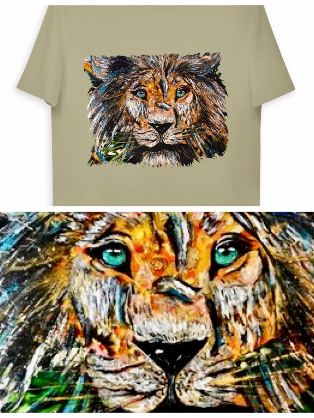 Unique design Lion Unisex organic cotton t-shirt made from my original mix media artwork on glass,wild animals t shirts, wearable art gifts