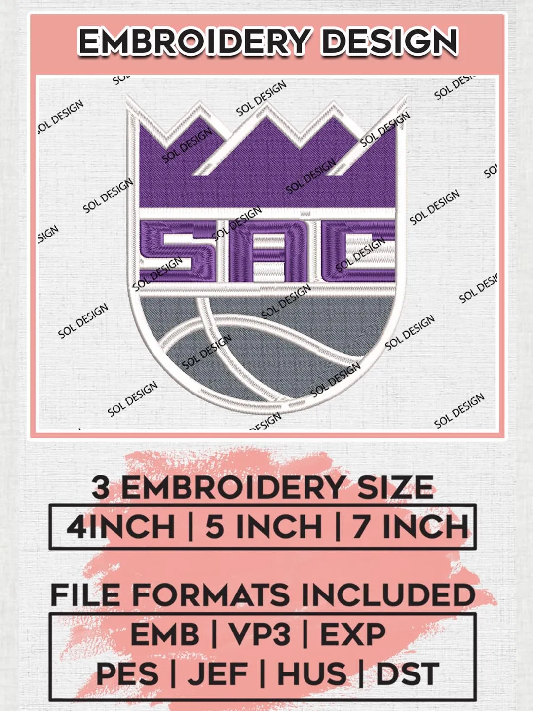 Sacramento Kings Embroidery Designs, NBA Logo Embroidery Files, NBA Kings, Machine Embroidery Pattern, Digital Download