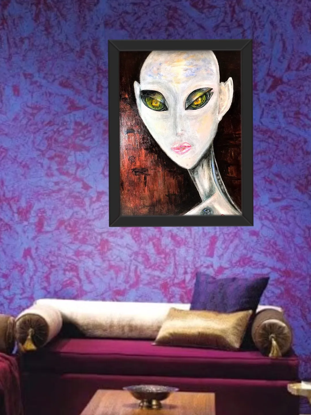 Alien painting on canvas,Alien portrait acrylic mix media painting.
