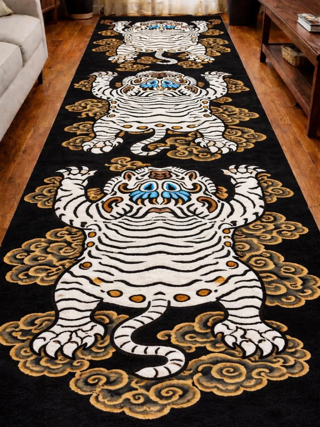 Tiger Runner Rug, Tibetan Rug, Handmade Wool Animal Black Asian Art ...