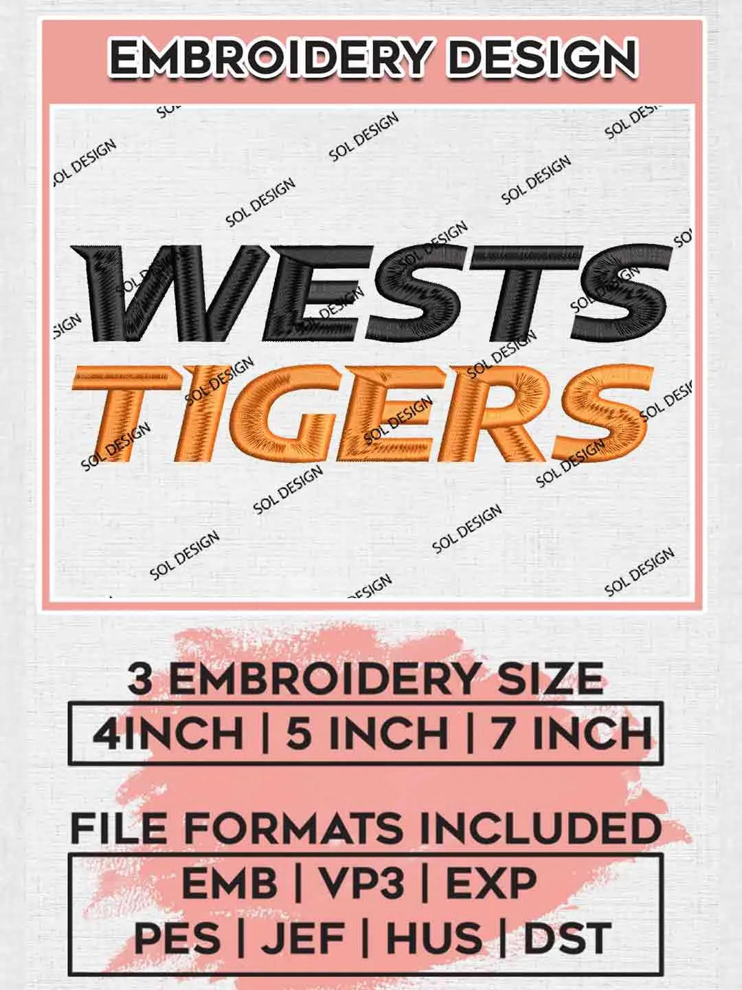 NRL Wests Tigers Wordmark Embroidery Design, National Rugby League Embroidery Design, Wests Tigers Logo Embroidery Design, NRL Machine Embroidery Digitized Pes File, 3 Sizes, Instant Download