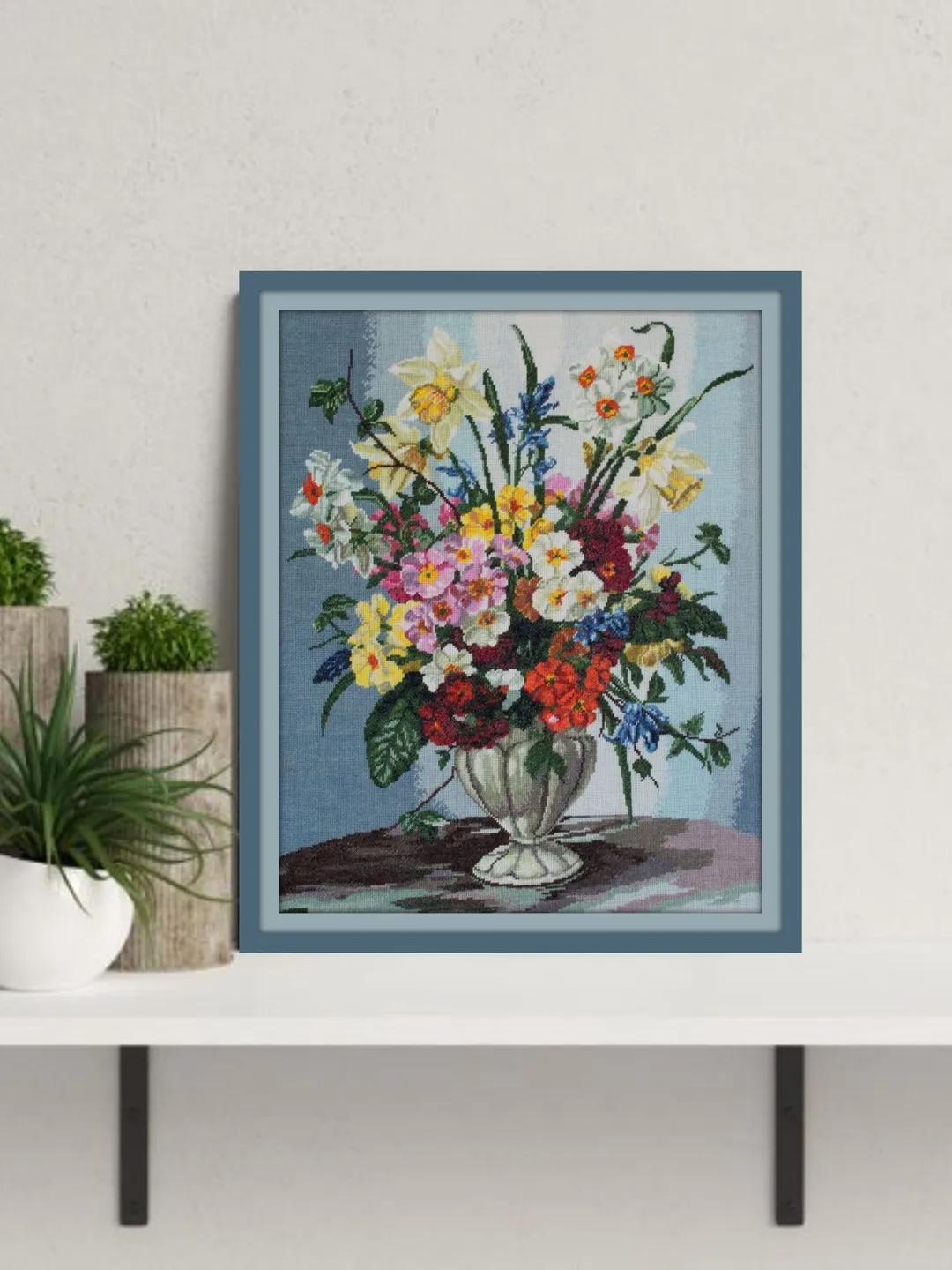 Still Life Floral Wall Art Decor, Finished Cross Stitch, Flower Vase Embroidery Art Print, Botanical Wall Art