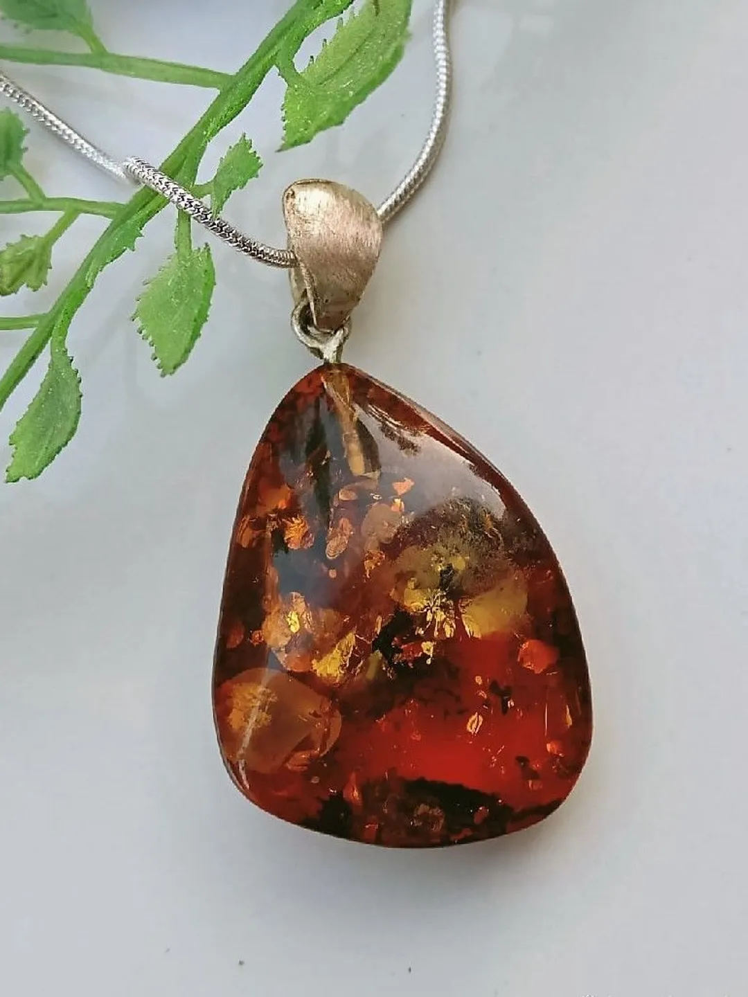 Baltic Amber Healing Stone Jewelry Gift for her best friend Brown - cognac Gemstone Amulet pendant silver color chain Gift for girlfriend Elegant and Boho