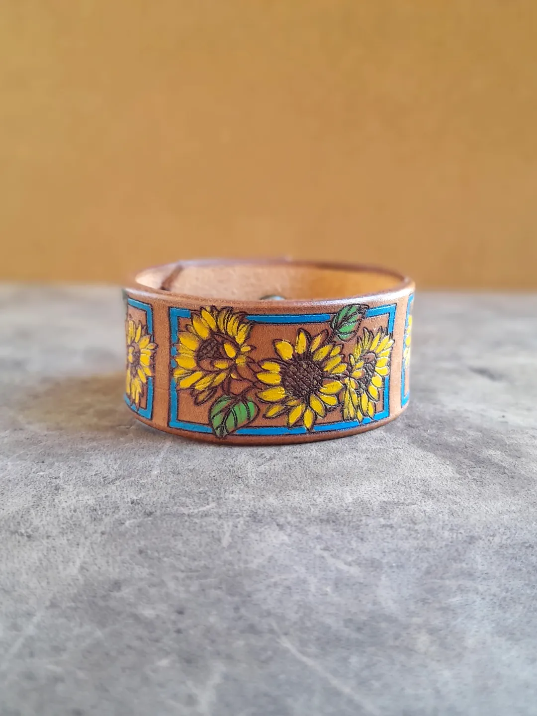 Sunflower Bracelet, Hand Painted Personalized Floral Bangle, Secret Message, Plant Lover Gift, Yellow Flowers Adjustable Leather Cuff