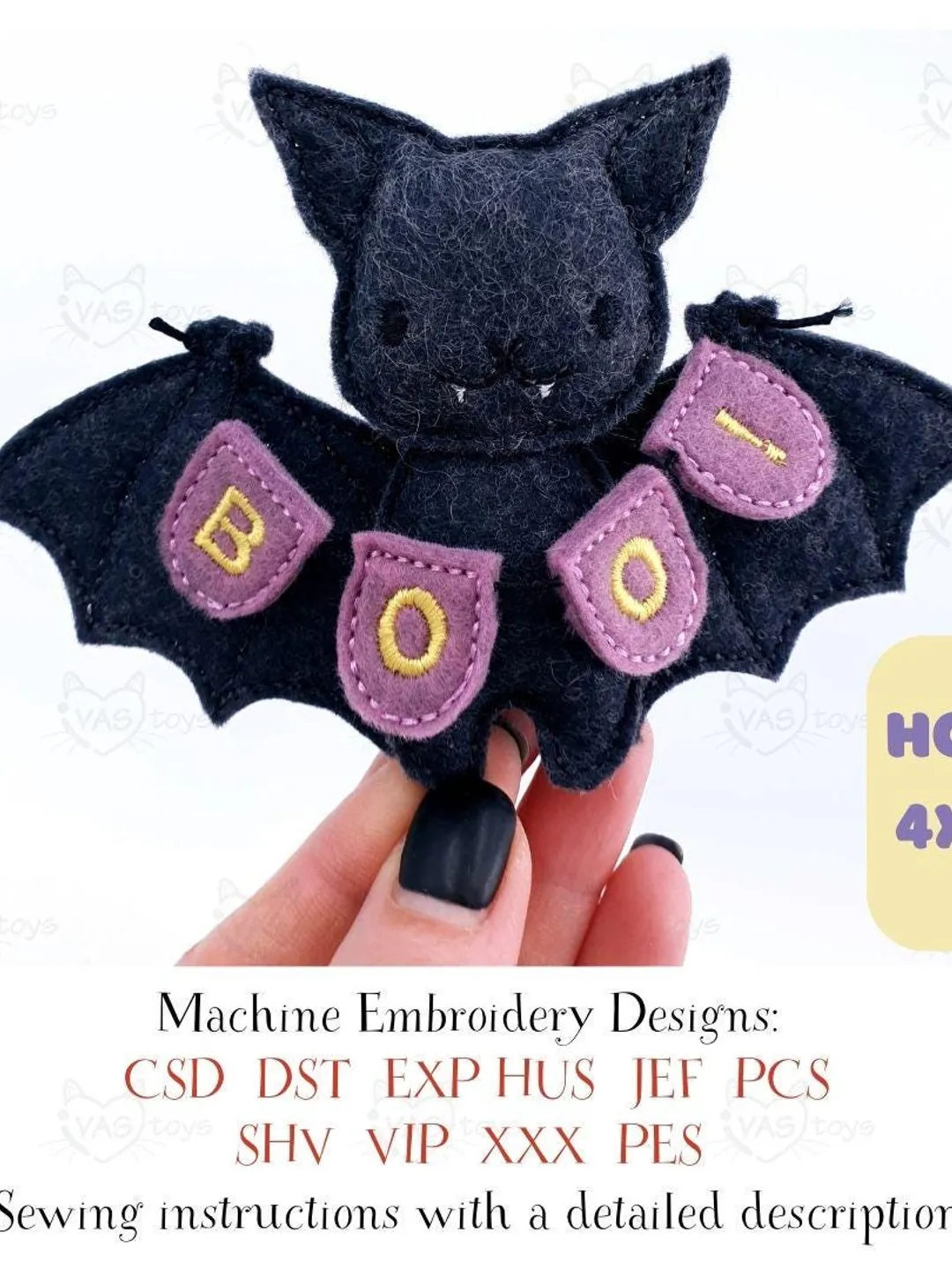 ITH Halloween Bat Stuffed Toy Embroidery Design, Felt Bat Plushie Pattern for Spooky Decor, 4x4 Hoop Digital File