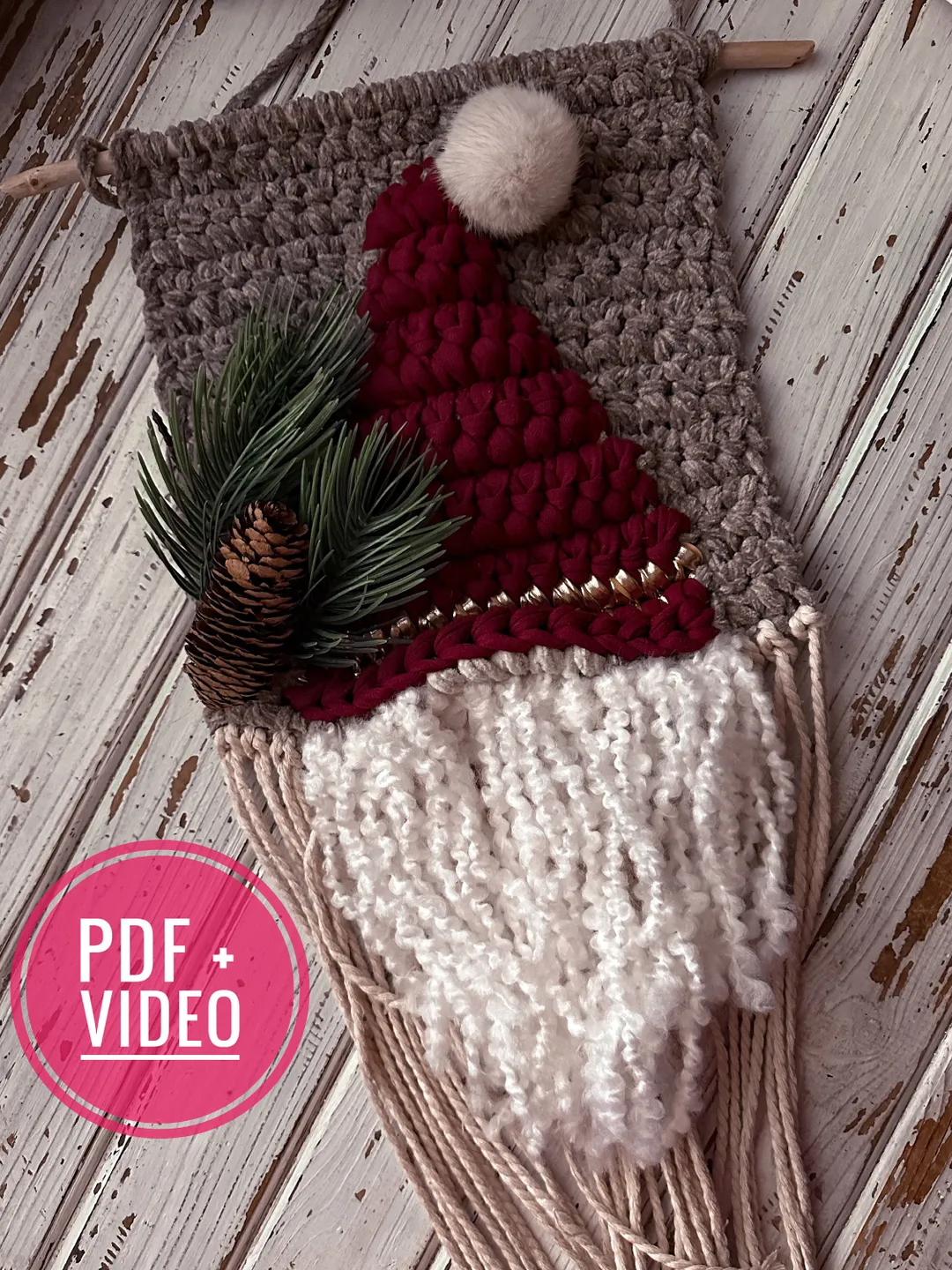 Crochet pattern Gnome wall hanging PDF Digital instant download, Video tutorial, Tapestry, Holiday decor, Christmas ornament, Hygge wall art