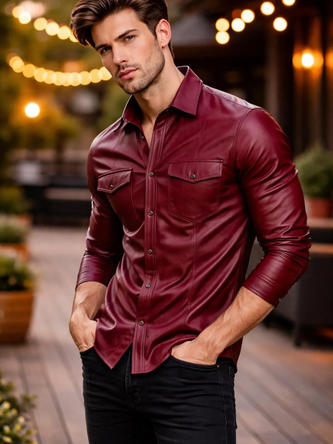 Men's Burgundy Lambskin Leather Shirt, Slim Fit Button Down, Handmade Style