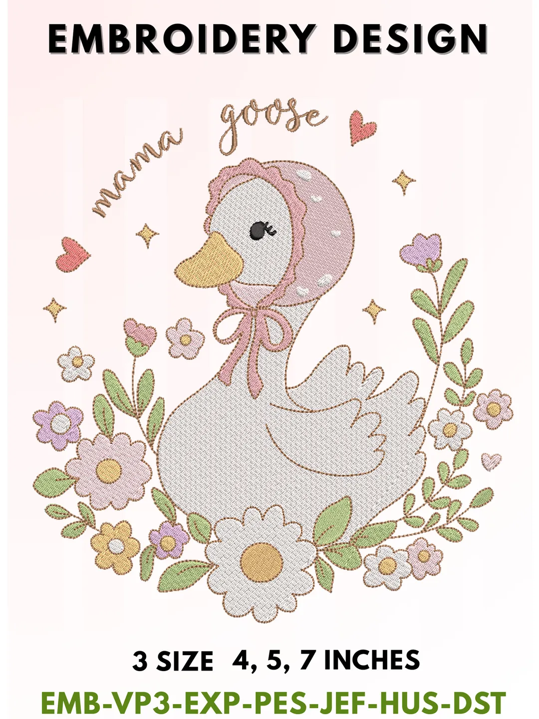 Mama Goose Embroidery Design, Cute Floral Goose Machine Embroidery File, Baby Bonnet Goose Pattern, Spring Farm Animal Design