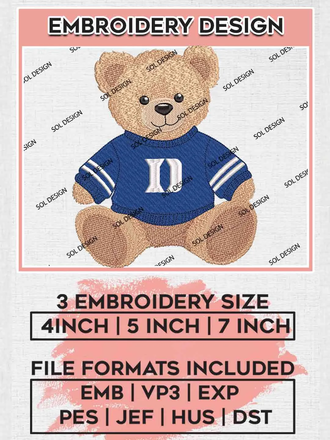 NCAA Duke Blue Devils Teddy Bear Logo Embroidery Designs, NCAA Logo Embroidery files, NCAA Duke Blue Devils Team, College Football Team Machine embroidery designs, Digital Download